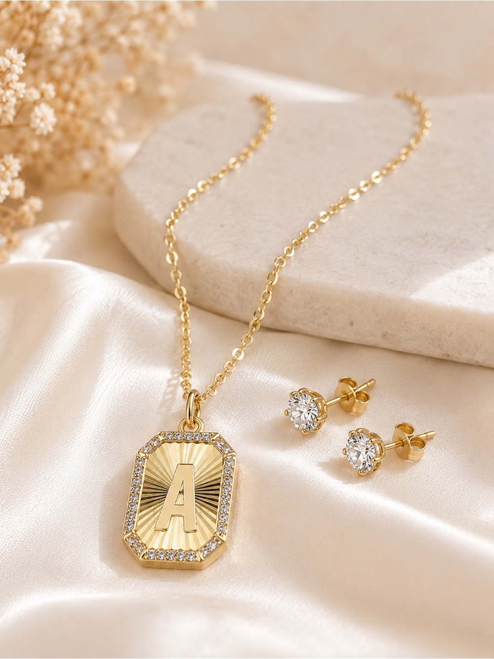 NWT Unwritten Gold-Tone Initial “A” Pendant Necklace & CZ Stud Earring Set - Picture 1 of 14